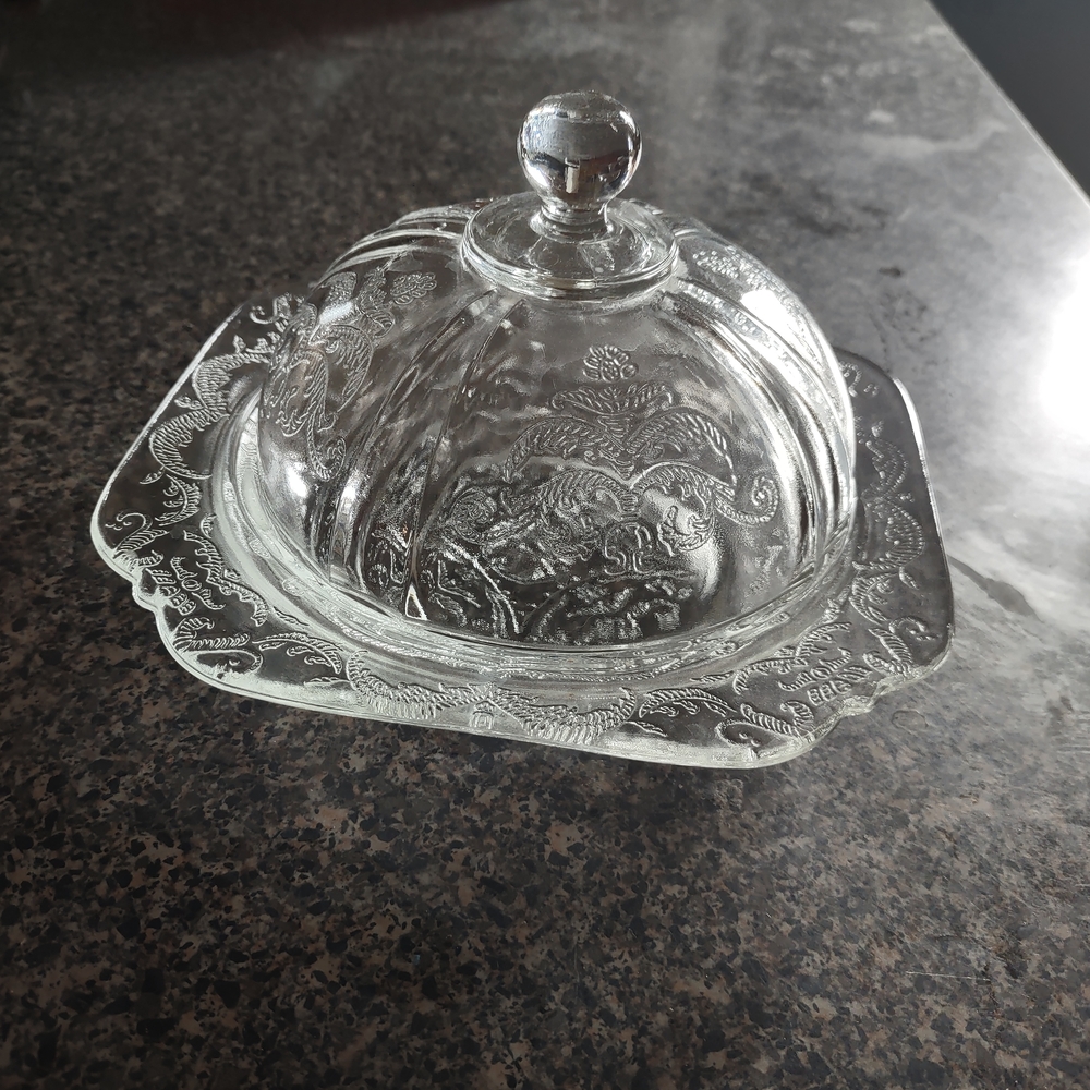 Clear Glass Butter Dish with Decorative Etching